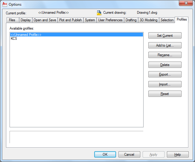 Dialog box for 'options' command